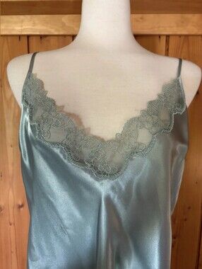Silky Sage Green Lace Trim Satin Slip Dress